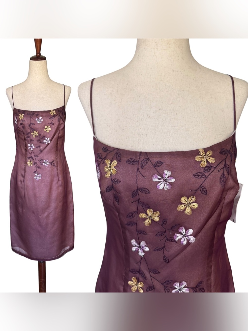 Vintage 90s Laundry Silk Organza Embroidered Floral Slip Dress sz 4 6 NWT